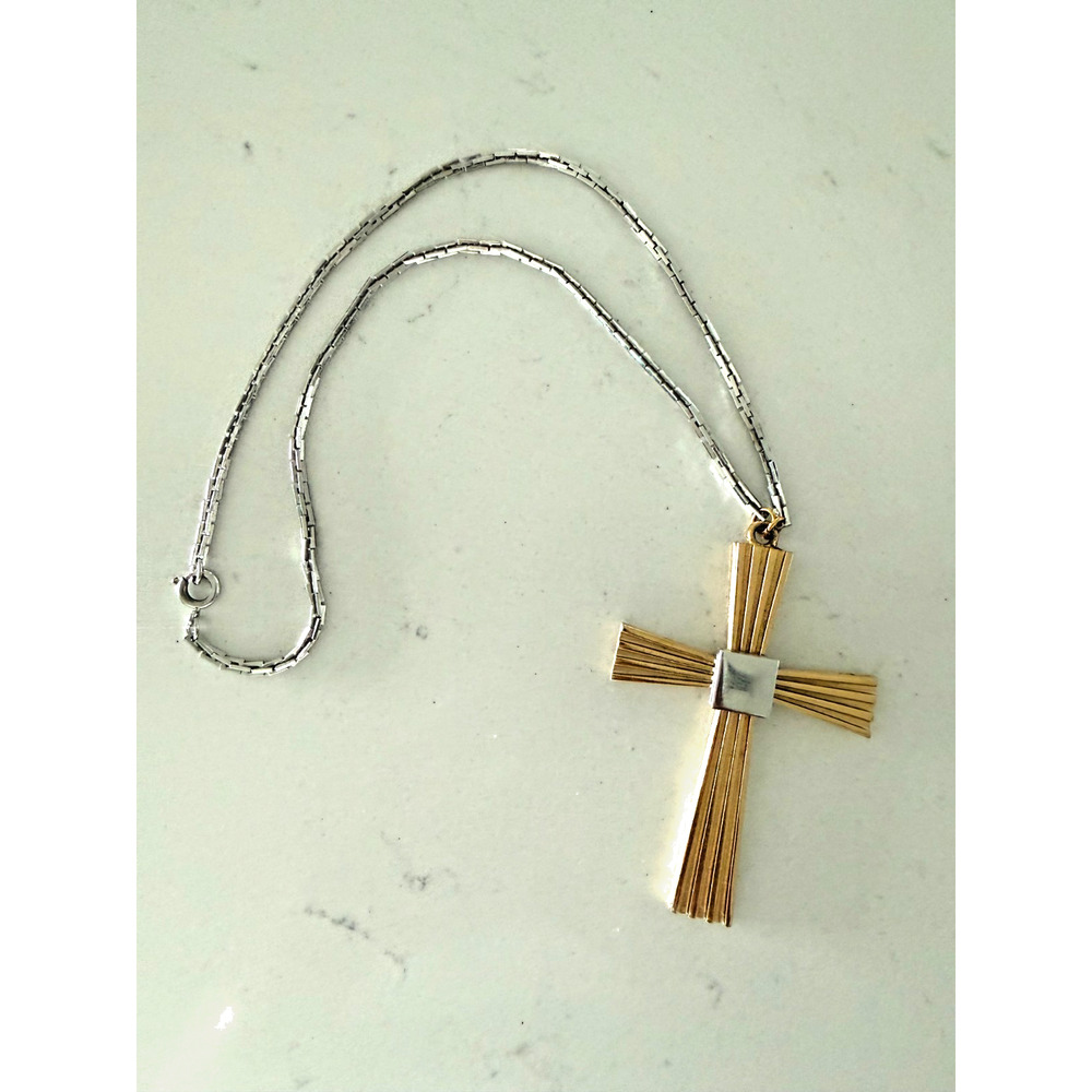 Vintage Napier Cross Necklace Two Tone Gold Silver Pendant, Retro 80s 90s - Picture 5 of 5